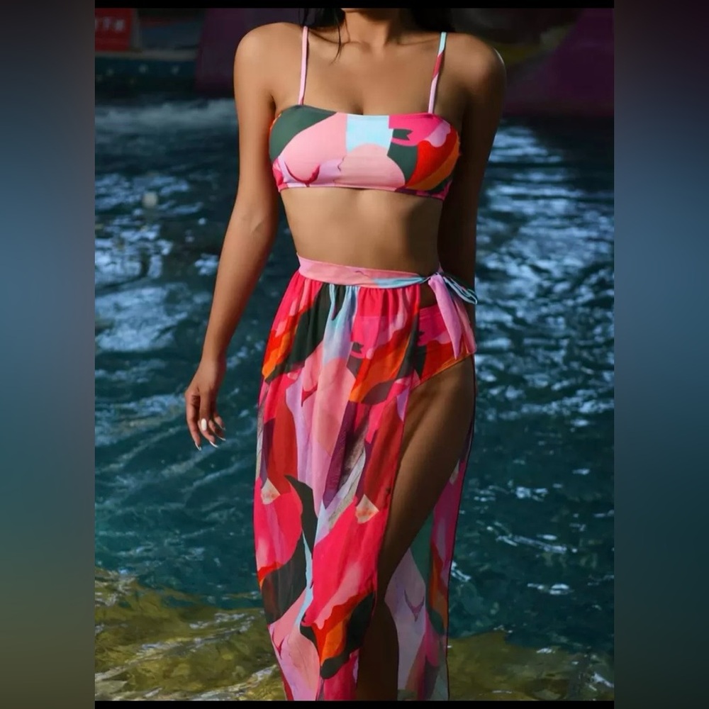 Women’s Pink Multi Bandeau Bikini Set with Sarong